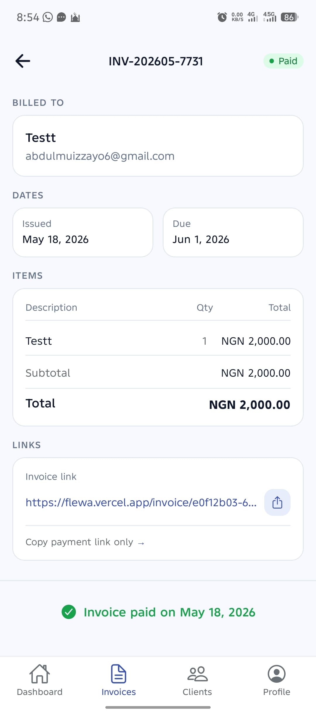 Flewa paid invoice