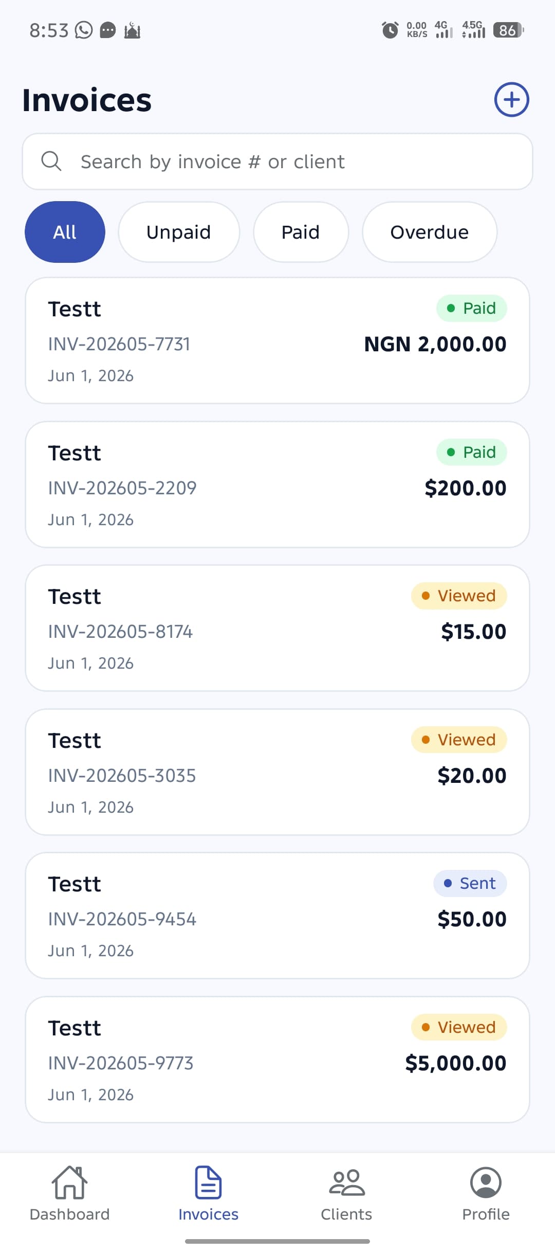Invoice list showing viewed status
